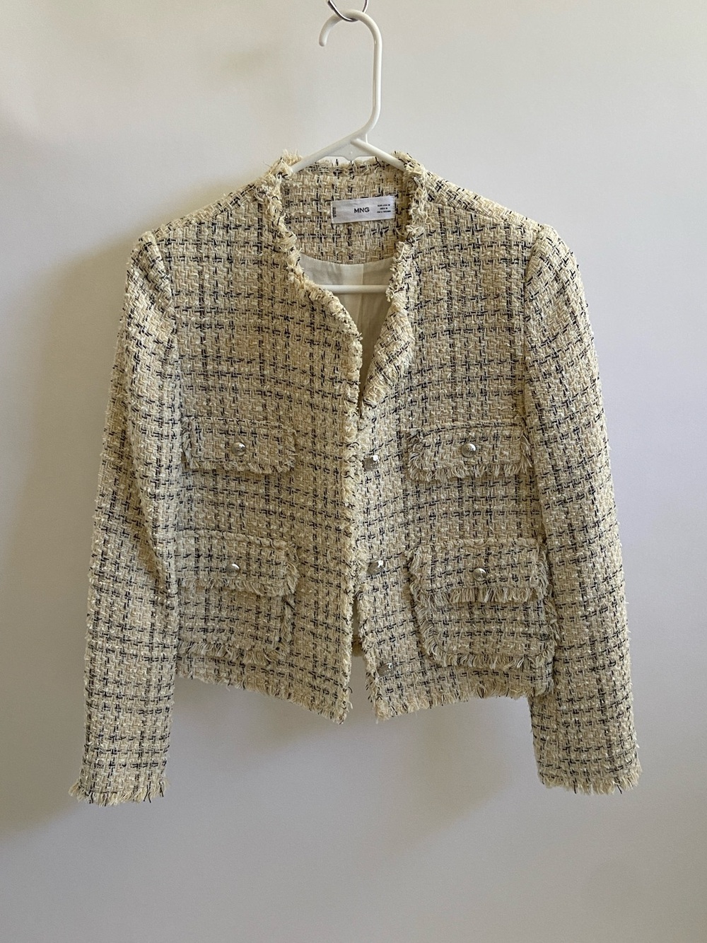 Mango Cream Tweed Fringe Boxy Blazer